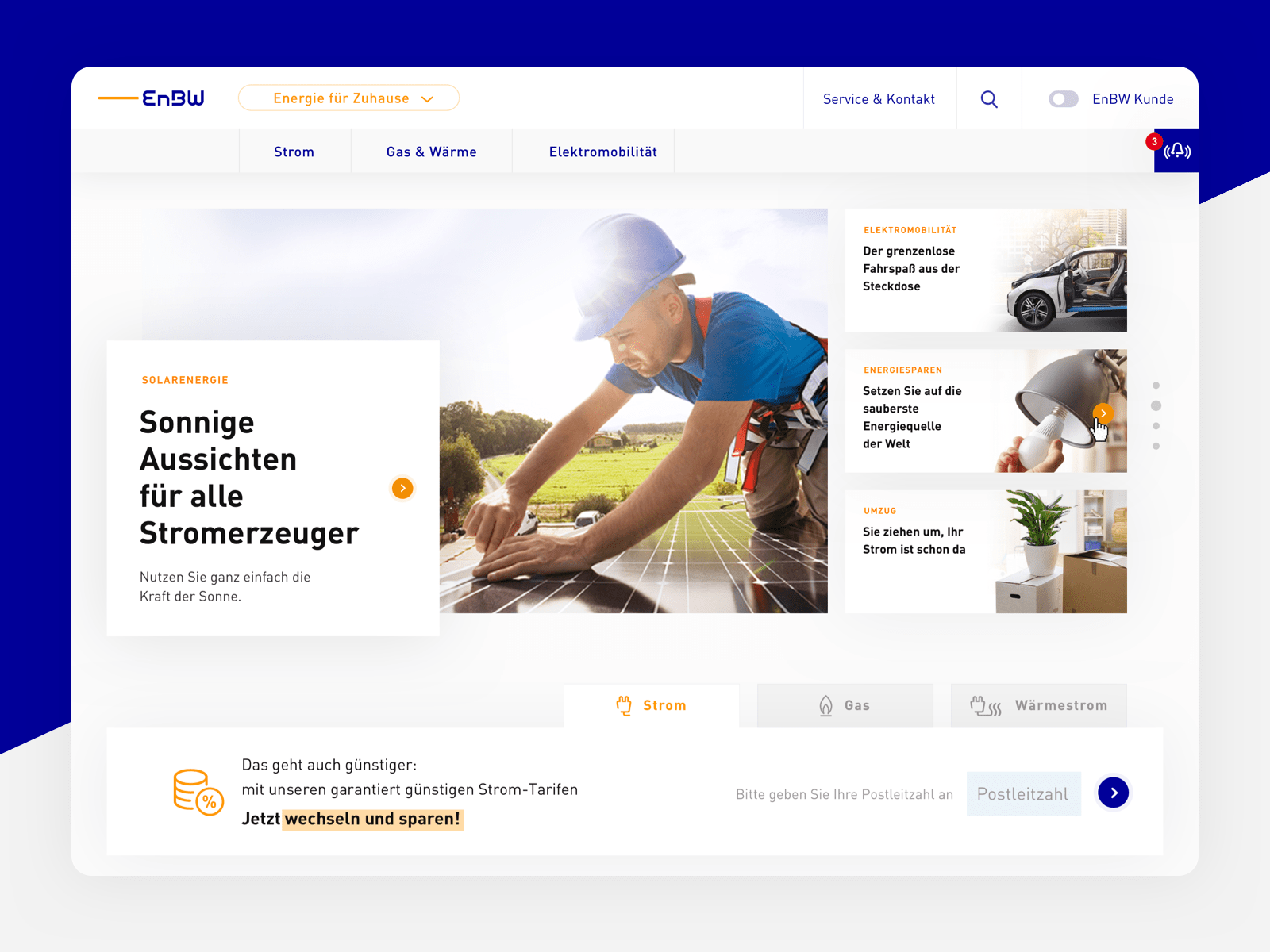 Startpage redesign of EnBW website.